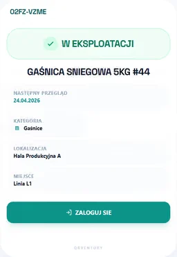 Widok QRVentory po skanowaniu kodu: status i termin przeglądu sprzętu